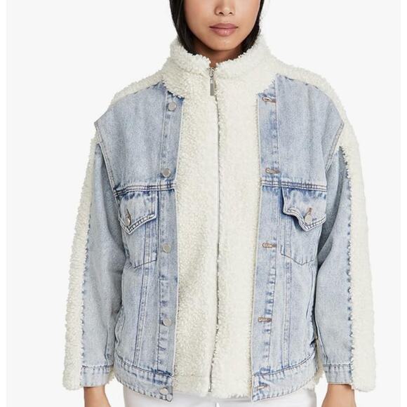 BlankNYC Bear Hug Acid Wash Denim & Cream Sherpa Jacket Winter NEW Size XSmall - Picture 1 of 14